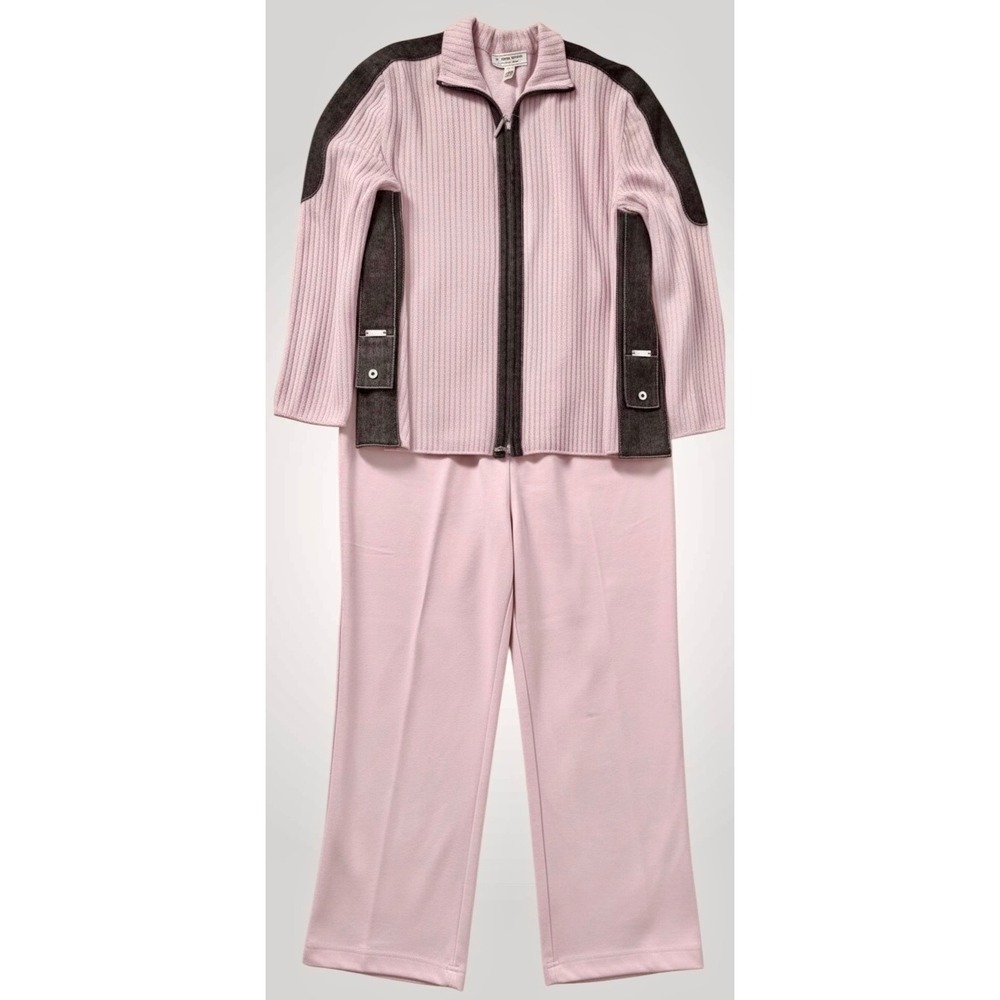 St John Sport Pink Rib Knit Pant Set Suit Zip Jacket Denim Trim Size 16